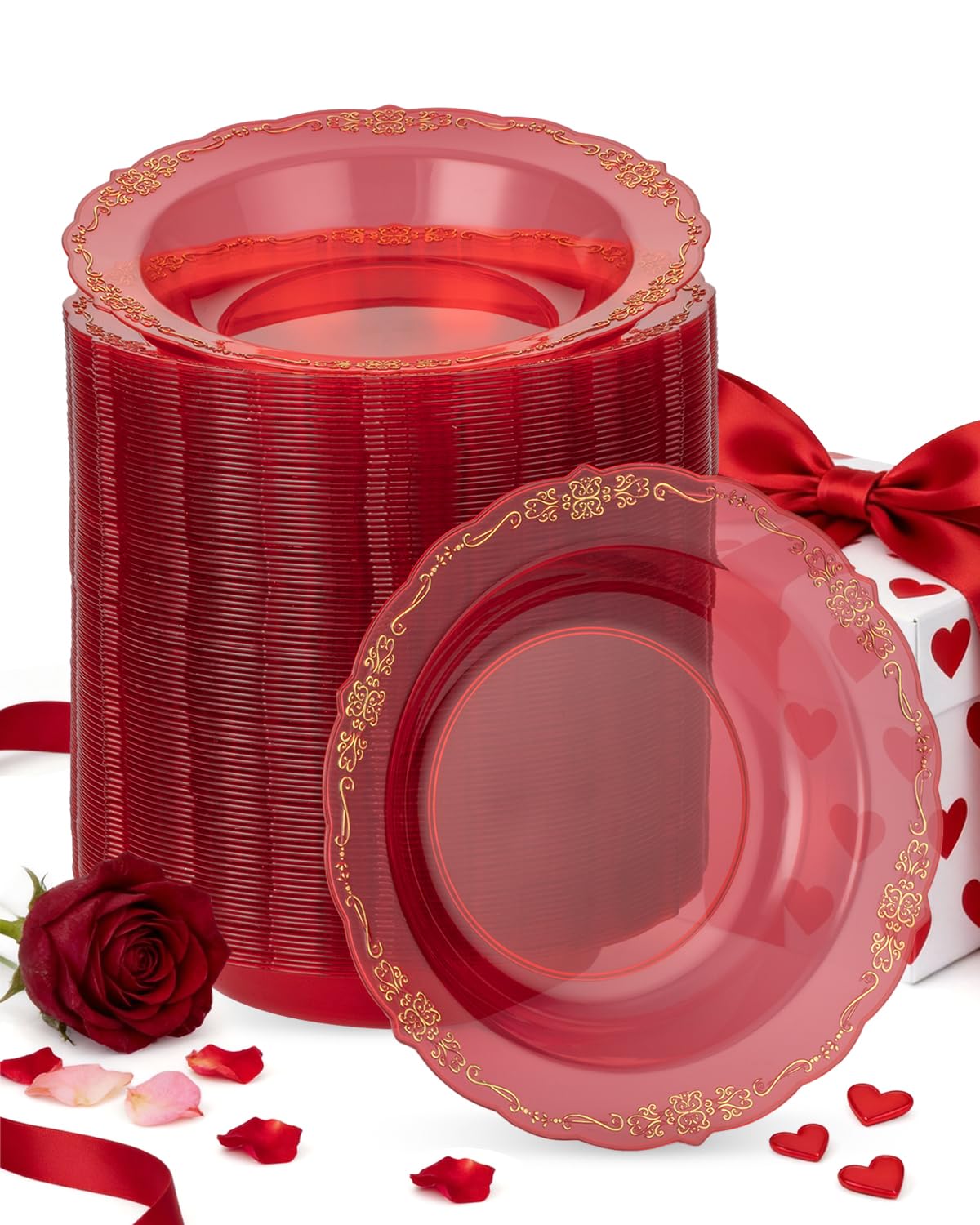 Bestluck 100 Pack White Plastic Bowls with Rose Gold Rim