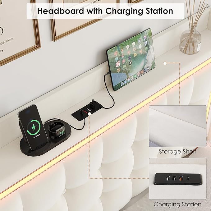 Keyluv Upholstered Full Floating Bed Frame with RGB LED Lights and Charging Station, Velvet Platform Bed with Button Tufted Storage Headboard, Type-C & USB Charging Ports, No Box Spring Needed, Beige