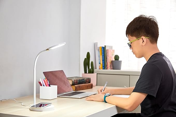 Bostitch Office LED Desk Lamp, Qi Wireless Charging, Dimmable, 3 Brightness Levels, Flexible, Quick Charging, Touch Power Control, White (LED2107-WHT)