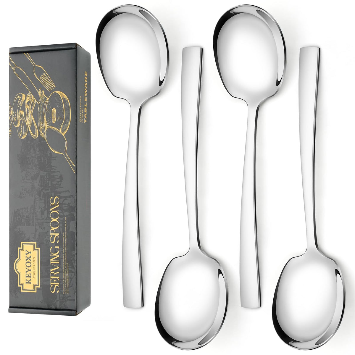 Keyoxy 4 Piece Stainless Steel Serving Spoons Set - 2 Large, 2 Slotted, 9.2-Inch, Dishwasher Safe, for Parties/Kitchen/Buffet/Catering