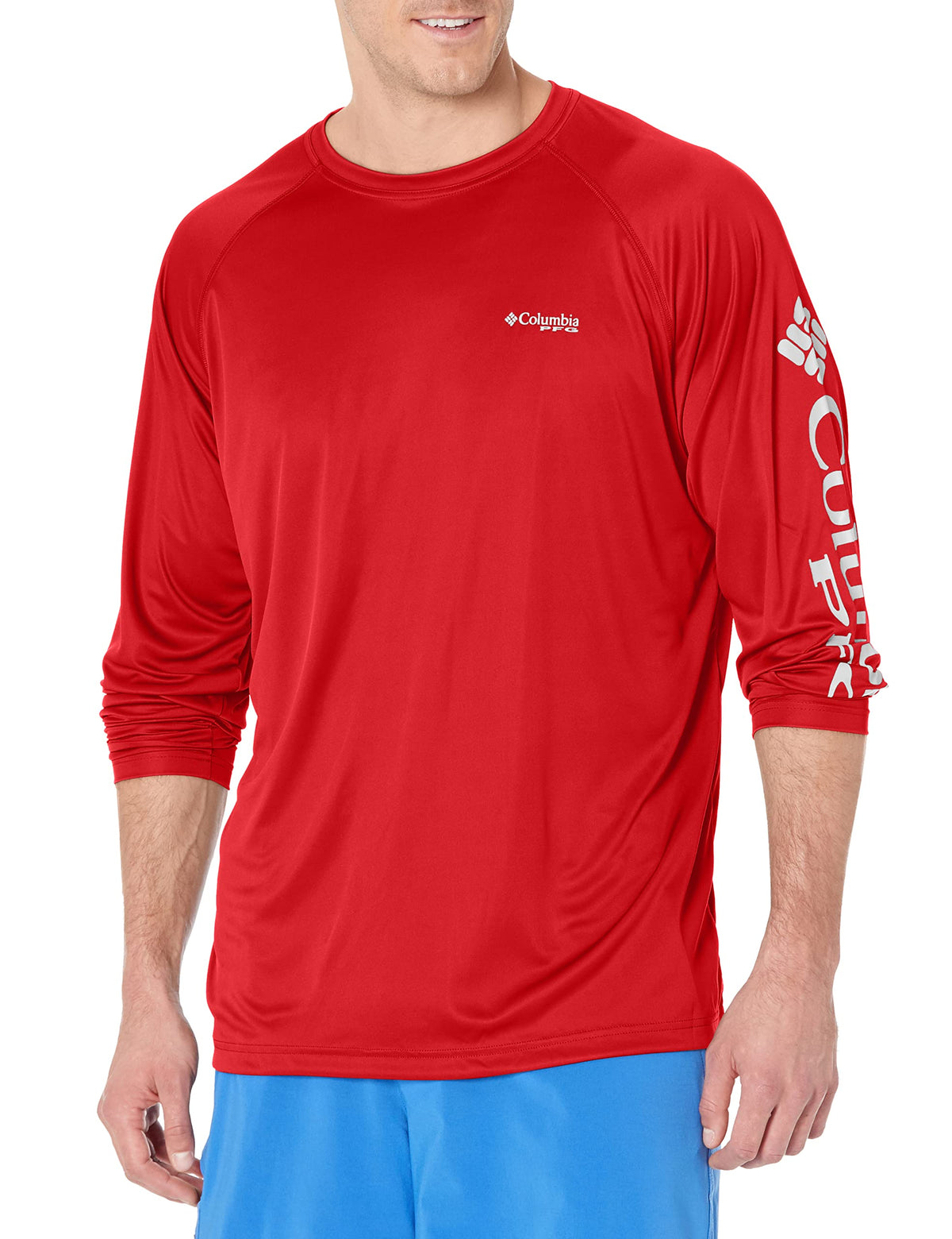Columbia Men's PFG Terminal Tackle Long Sleeve Fishing Shirt, Red Spark/White Logo, Large