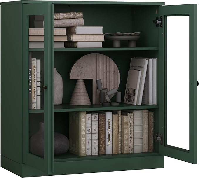 Palace Imports Solid Wood Bookcase - Floor Standing Bookshelf - 32” W - Display Furniture, Renewable 100% Eco-Friendly Wood, Made in Brazil (Green, Clear Glass Doors | 3-Shelf Short Bookcase)