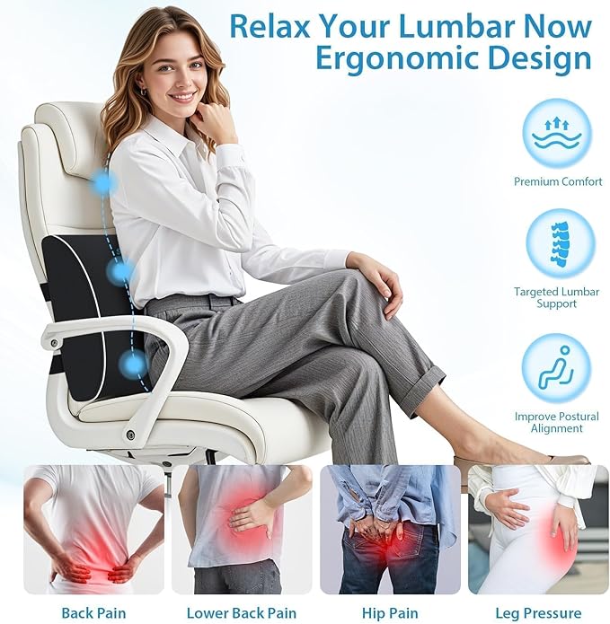 Lumbar Support Pillow for Office Chair, Car & Gaming Chair, Ergonomic Memory Foam Cushion for Back Comfort, Zoned Back Support, Double Adjustable Straps, Breathable Washable Cover, Black