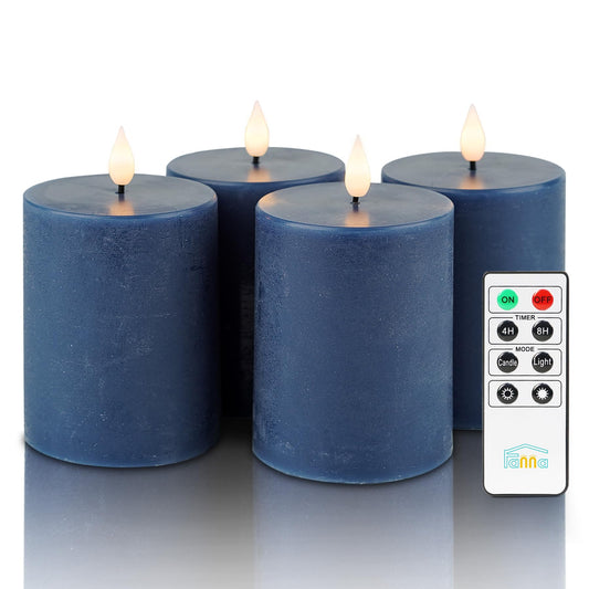 Fanna Flameless Pillar Candles with Timer in Real Wax for Advent and Christmas, Battery Operated Led Candles with Remote, 8 Batteries Included - Set of 4 (D 3" x H 4") - Dark Blue