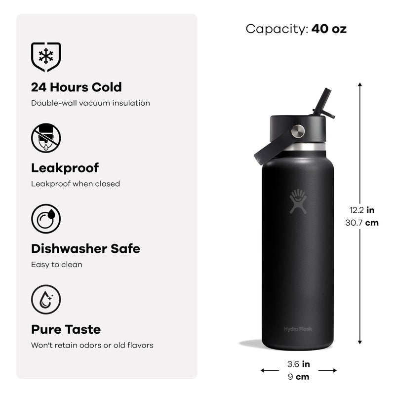 Hydro Flask Water Bottle - Insulated Stainless Steel - Wide Straw Lid, Non Spill, Leakproof in 40 Oz Tonal Black