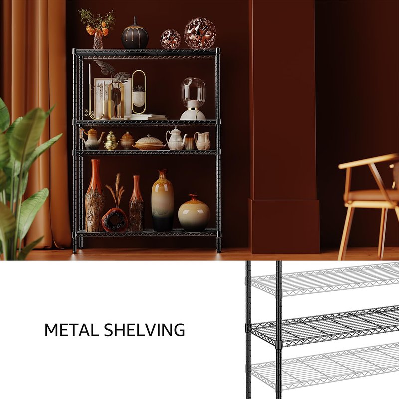 IZEUK 1400 LBS Garage Black Shelving Wide Storage Shelves 4 Tier Adjustable Heavy Duty Metal Wire Rack Standing Shelf Unit for Kitchen Office College Dorm Garage Warehouse 15.8" x 45.8"x 59.4"