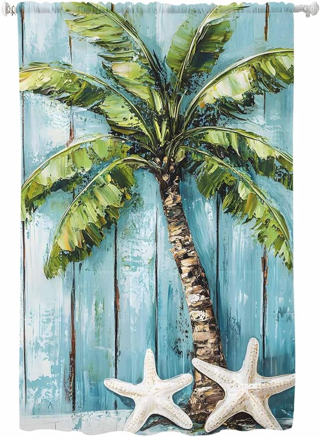 Sheer Curtains 63 Inch Length, Coastal Beach Starfish Semi Sheer Curtains Light