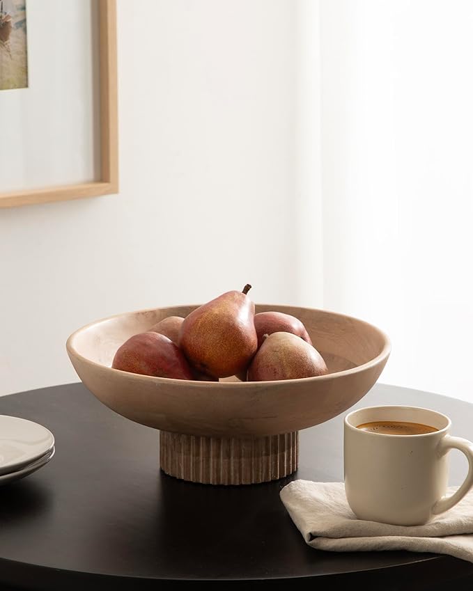 Kate and Laurel Rooks Modern Decorative Ribbed Wood Bowl, 12 Inch Diameter, Light Natural, Transitional Raised Fruit Bowl for Kitchen Counter or Use as Living Room or Entryway Table Decor