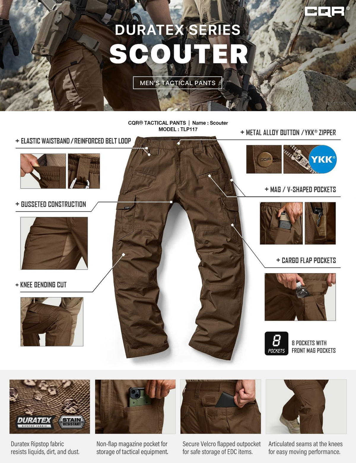 CQR Men's Tactical Pants, Water Resistant Ripstop Cargo Pants, Lightweight EDC Work Hiking Pants, Outdoor Apparel, Raider Tundra, 28W x 30L