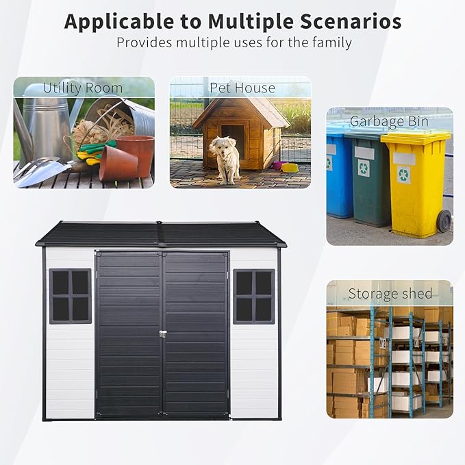 8x6 FT Outdoor Storage Resin Shed with Floor, Waterproof Plastic Garden Tool Shed with Windows, Vents & Lockable Door and Sloped Roof, Easy to Assemble Bike Shed for Patio, Backyard, Lawn, White
