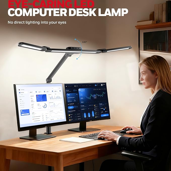 Honeywell LED Desk Lamp with Clamp - HJ3B Sunturalux Eye-Caring Desk Light for Home Office, 22W Ultra Bright 3-Section Adjustable Task Lamp with Stepless Dimming for Dual Monitor Lighting