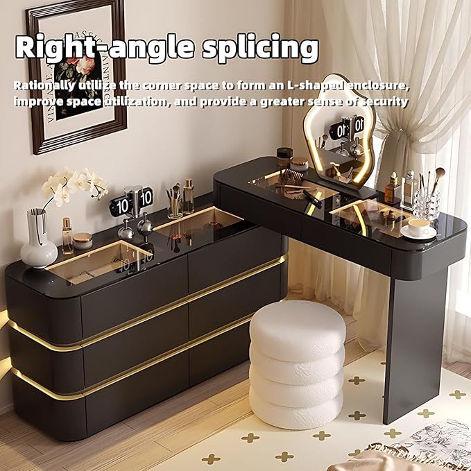 Makeup Vanity Desk with Storage Drawers, Solid Wood Glass Top, Lights Desk and Chair, Easy Installation (White 6 Drawers, 31.5”)