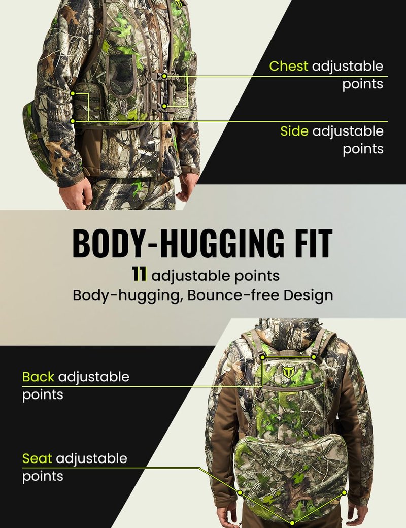 TIDEWE Vest with Seat, Lightweight Vest with Multi-Compartment Storage, Form-fitting Portable Backpack with 11 Adjustable Straps (Truetimber HTC Green)