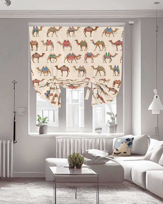 Tie Up Curtains for Windows, Summer Camels Adjustable Balloon Nature Linen