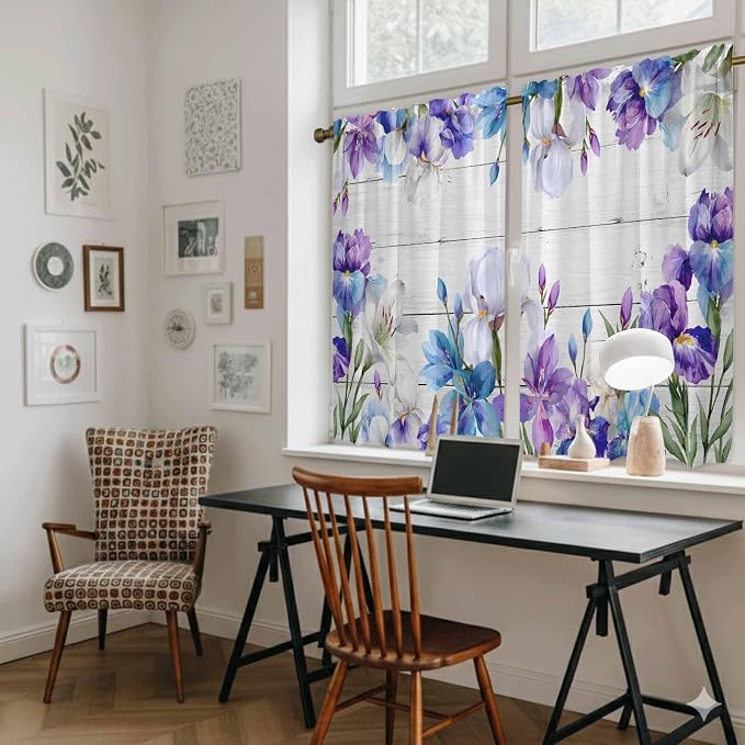 Spring Flowers Tier Curtains, Watercolor Garden Florals Wooden Grain Light