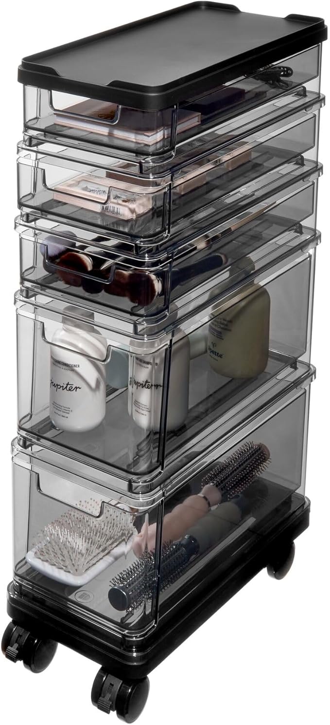 iDesign The Sarah Tanno Collection Small 5-Drawer Stacking Cosmetic Organizer Cart, Smoke/Black