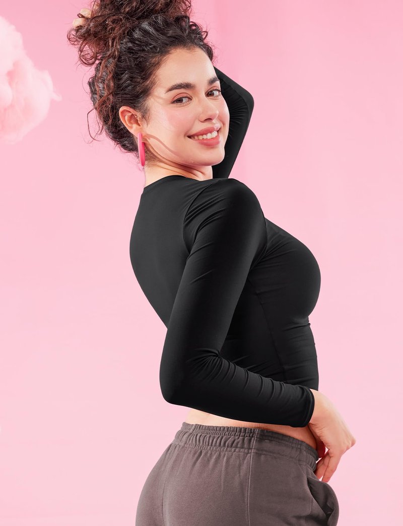 YEOREO Long Sleeve Shirts for Women y2k Tops Double Lined Basic Tee Crew Neck Going Out Sweeney Workout Undershirt Black L