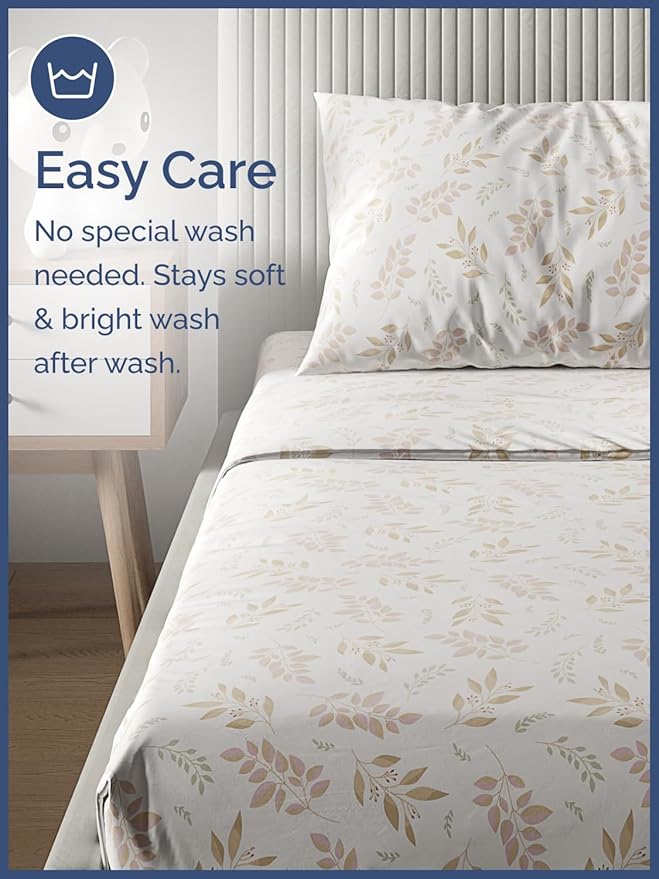 Kids Leaves Queen 4 Piece Sheet Set - Boys, Girls, Teens, Toddler - Easy Fit Deep Pockets - Breathable, Hotel Quality Bedding Sheets - Machine Washable - Wrinkle Free - Cute, Cozy, Soft - CGK Linens