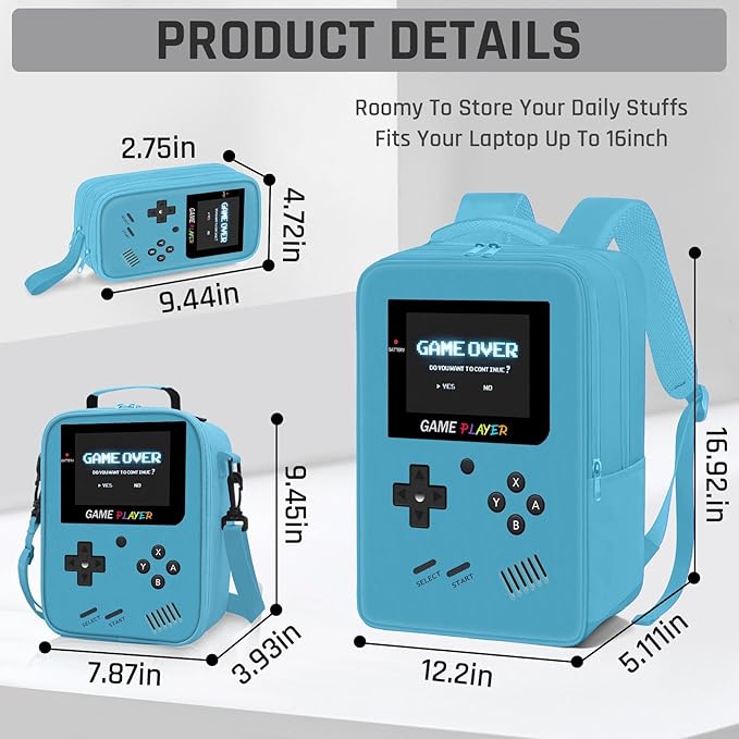 School Backpack for Boys,3pcs Gamer Boys Backpack with Lunch Box Set for Kids Children Teens Elementary Middle School,17" Large Capacity Student Bookbag & Multifunctional Video Game Travel Bag