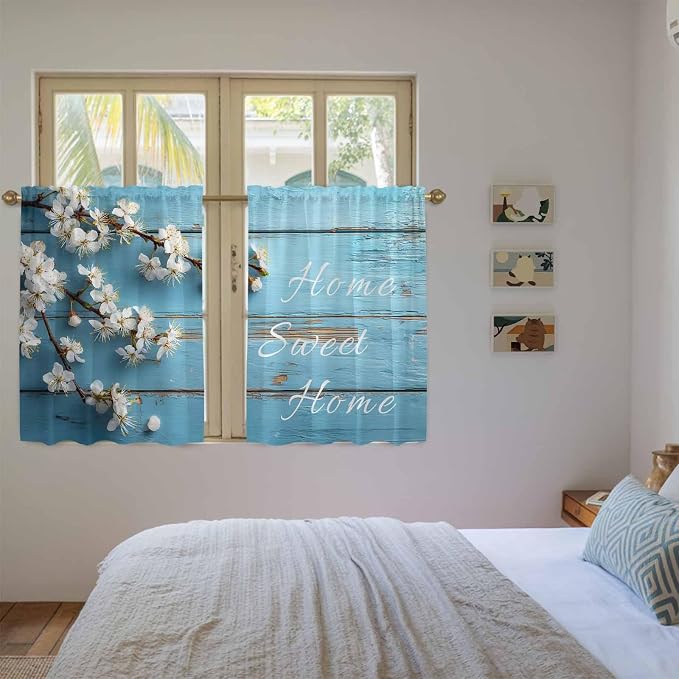 Farmhouse Wooden Grain Kitchen Curtains, Vintage Shabby Chic Flower Blue Light