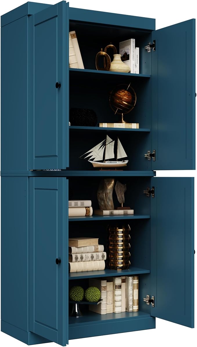 Palace Imports Solid Wood Bookcase - 6-Shelf Tall Bookshelf, 71.5” H x 32” W - Teal Blue, Wooden Cabinet Doors, Adjustable Shelves, 100% Renewable Eco-Friendly Wood, Made in Brazil