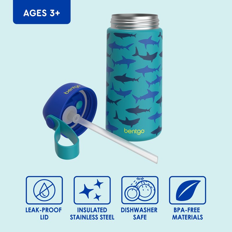 Bentgo® Kids Stainless Steel Insulated Water Bottle - Leak-Proof; Keeps Cool for 12 Hours; Durable, BPA-Free, Dishwasher Safe 14 oz. Cup for Ages 3+ for School/Sports/Daycare (Sharks)