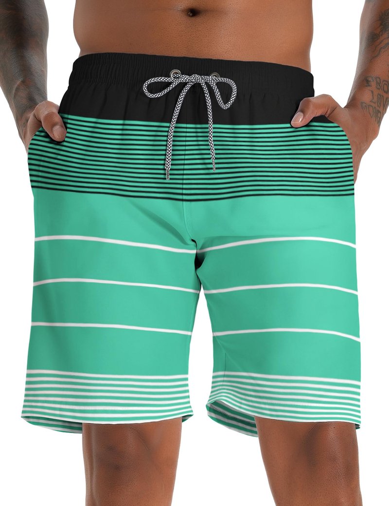 ELETOP Men's Swim Trunks Quick Dry Bathing Suit Swimming Board Shorts Mesh Lining Beach Swimwear Stripe Green L