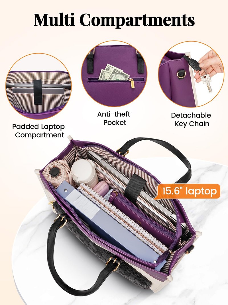 MATEIN Lunch Tote Bag for Women, 15.6 Inch PU Leather Laptop Briefcase with Insulated Lunch Compartment, Large Capacity Professional Computer Work Handbag with Purse for Office Nurse Teacher, 2 Sets