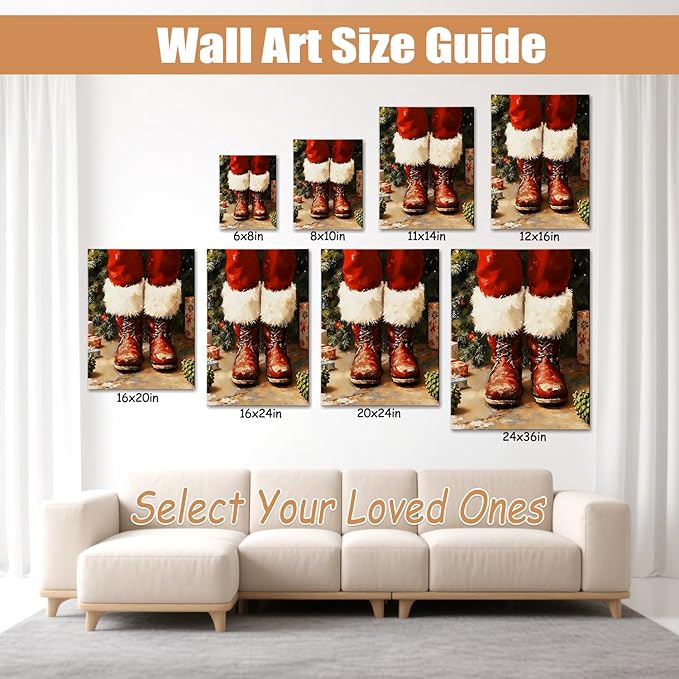 Vintage Christmas Boots Canvas Wall Art - Rustic Winter Wall Art Framed Print for Farmhouse Living Room, Cozy Christmas Wall Decor with Red Accents, Ideal Christmas Gifts & Festive