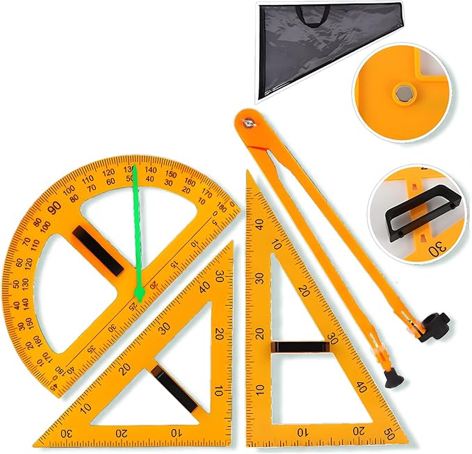 Magnetic Teaching Ruler Set with Multi-Functional Geometry Tools Durable ABS Plastic for Whiteboard Classroom Projects Student Teacher Math Supplies (Yellow 4pcs)