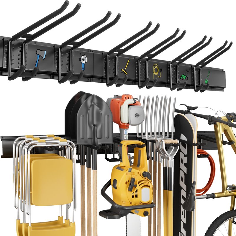 GRENPRO Garage Tool Organizer Wall Mount with 49.5 inches Rails and 6 Double-layer Hooks, Heavy Duty Tool Rack, Garage Storage Rack For Yard Tools