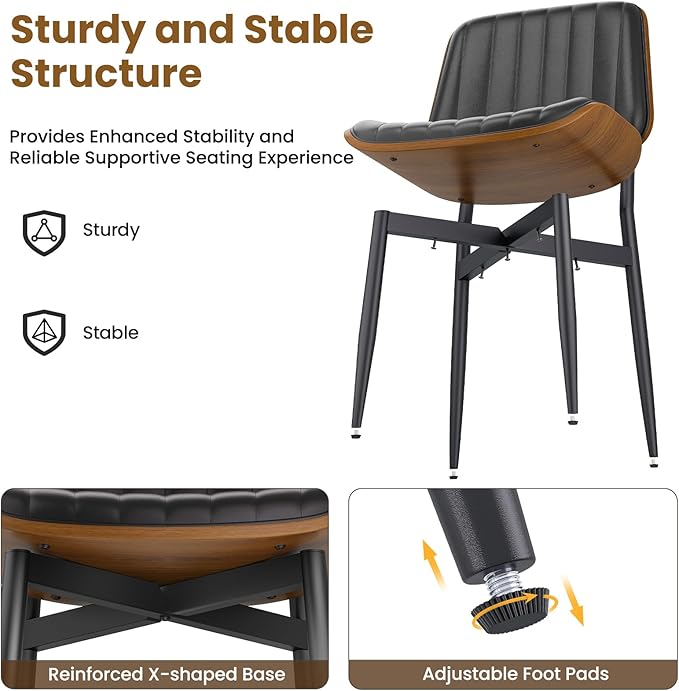 Dining Chairs Set of 6, FSC Certified Mid Century Modern Dining Room Kitchen Chairs, Upholstered PU Leather Vertical Stripe Chairs for Vanity with Walnut Bentwood and Metal Legs, Black