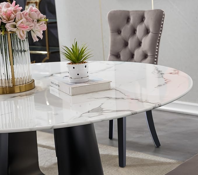 3-Piece Faux Marble Round Dining Table Set for 2, Modern Luxury Kitchen Table Set for 2 with Grey Tufted Chairs,Circle Dining Tables with White Marble Grain Top and Black Pedestal Base