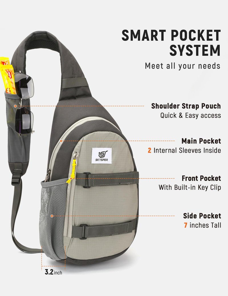 SKYSPER Sling Bag Anti-Theft RFID Crossbody Bag Travel Cross Body Backpack Shoulder Hiking Sling Daypack(Lightgray)