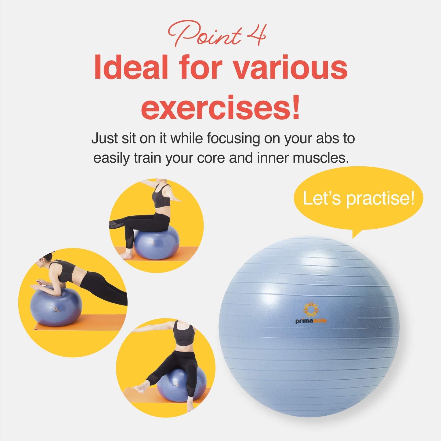 primasole Exercise Ball for Balance Stability Fitness Workout Yoga Pilates at Home Office & Gym 75cm Pale Gray