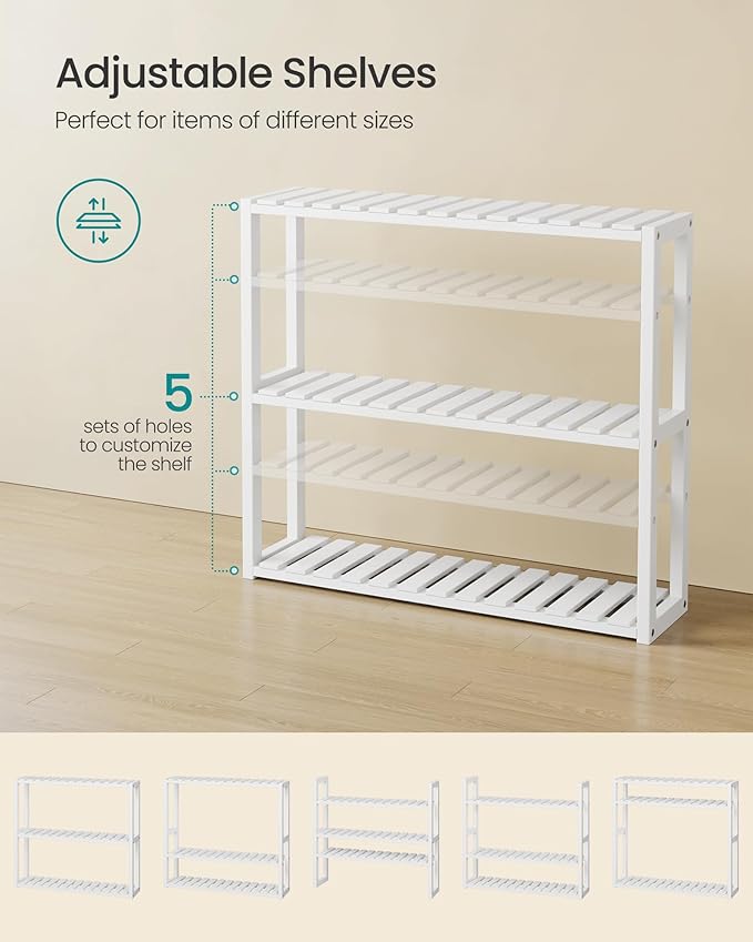SONGMICS Bamboo Bathroom Shelf, 3-Tier Adjustable Plants Rack, Wall-Mounted or Stand, in The Living Room, Balcony, Kitchen, 5.9 x 23.6 x 21.3 Inches, Cloud White UBCB13W