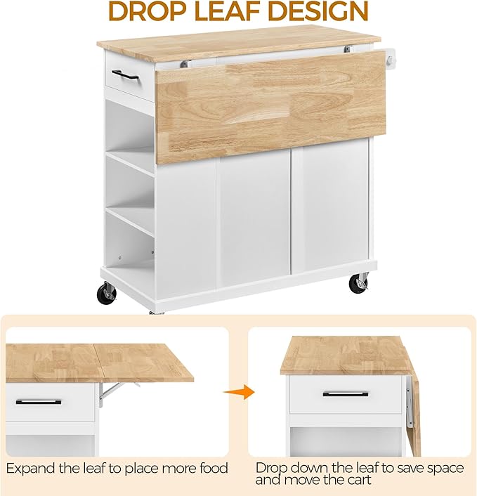 Yaheetech Rolling Kitchen Island Cart with Drop Leaf, Portable Rubberwood Breakfast Bar with Storage Cabinet, Open Shelves & Detachable Towel, 2 Drawers, White