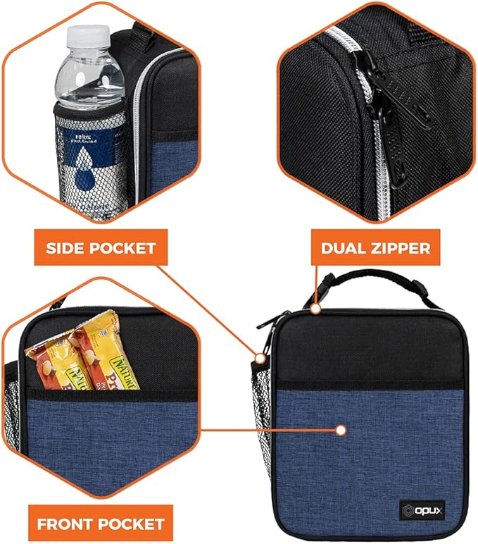 opux Premium Insulated Lunch Box, Soft School Lunch Bag for Kids Boys Girls, Leakproof Small Lunch Pail Men Women Work, Reusable Compact Cooler Tote Lunchbox for Office Adult, Heather Navy