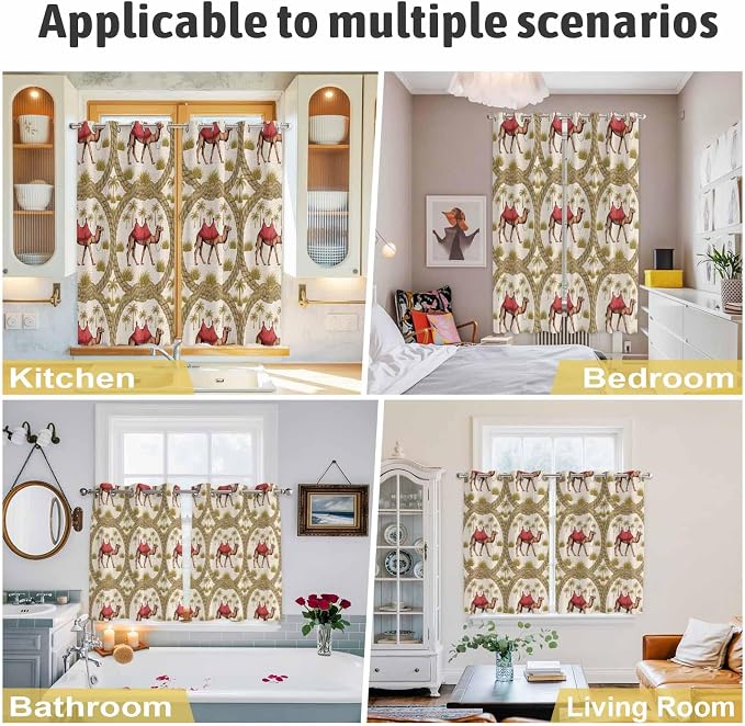 2 Panel Kitchen Cafe Curtains, Camels Palm Trees Sunlight Filtering Nature Air