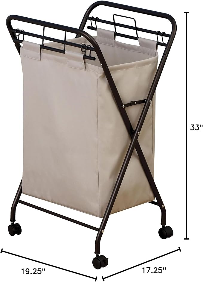 Household Essentials 7172 Rolling Laundry Hamper with Heavy-Duty Canvas Bag | Antique Bronze Frame