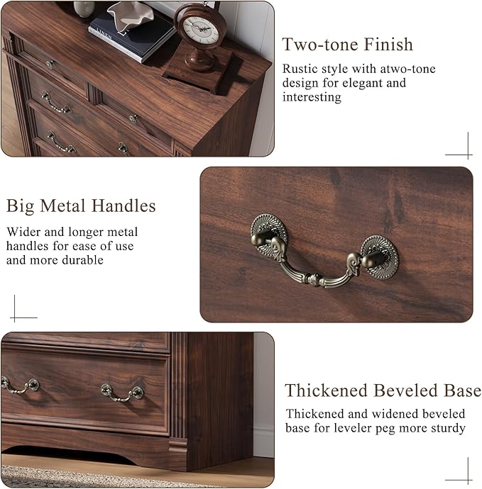 Walnut Dresser for Bedroom, Farmhouse 6 Chest of Drawers, 47" Tall 6 Drawer Dresser Storage with Wood Pilasters and Metal Handles, Vintage Design, Drawer Organizer for Bedroom, Hallway