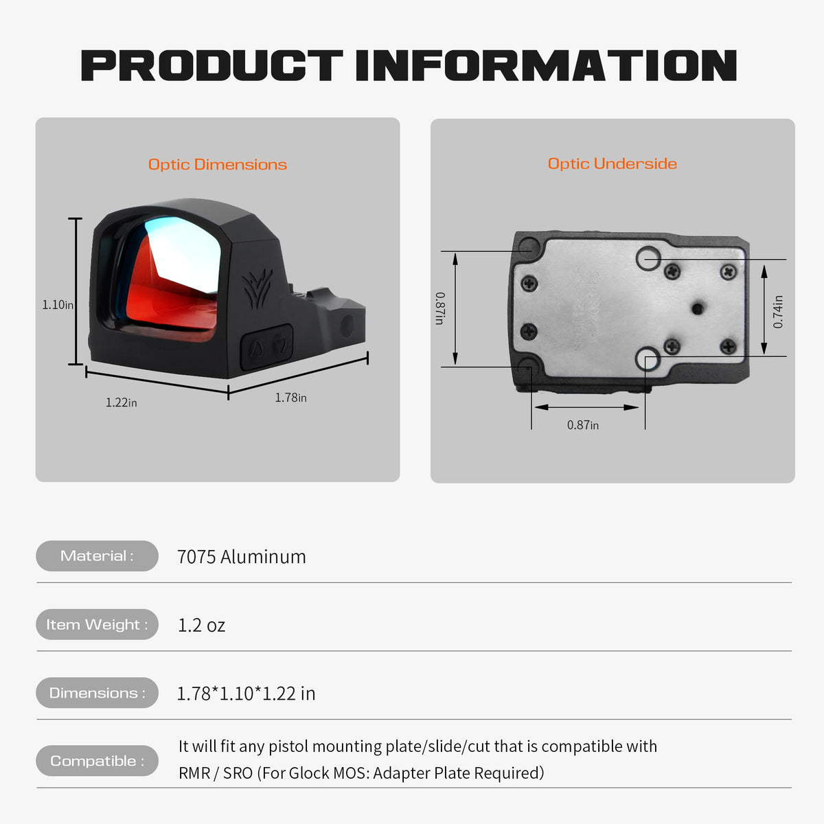 VINTCON Sirius Micro Reflex Red Dot Sight, Multi-Reticle 3 MOA Dot 33 MOA Circle, Shake Awake, Parallax-Free Waterproof Shockproof, for RMR Footprint