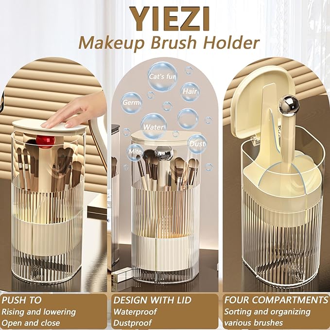 Makeup Brush Holder with Lid, One-Hand Press Open/Close Mechanism Cosmetic Tools Organizer, Clear Waterproof Dustproof Make Up Storage for Vanity, Bathroom Countertop-Cream-Silver Ball