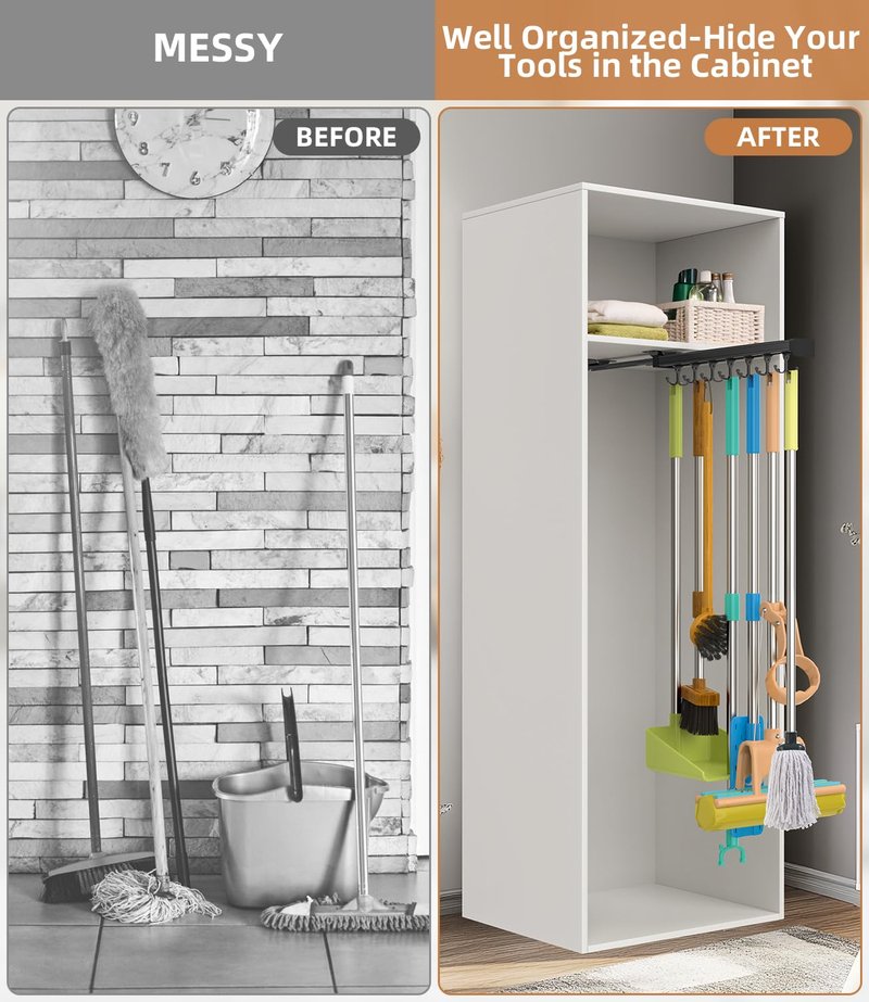 PrimZooty Pull Out Broom Holder With Adjustable Double Row Sliding Hook, Multifunctional Slide Broom And Mop Storage/Organizer Garage Organization Hooks, for Closet Laundry - 41cm/16.14inch