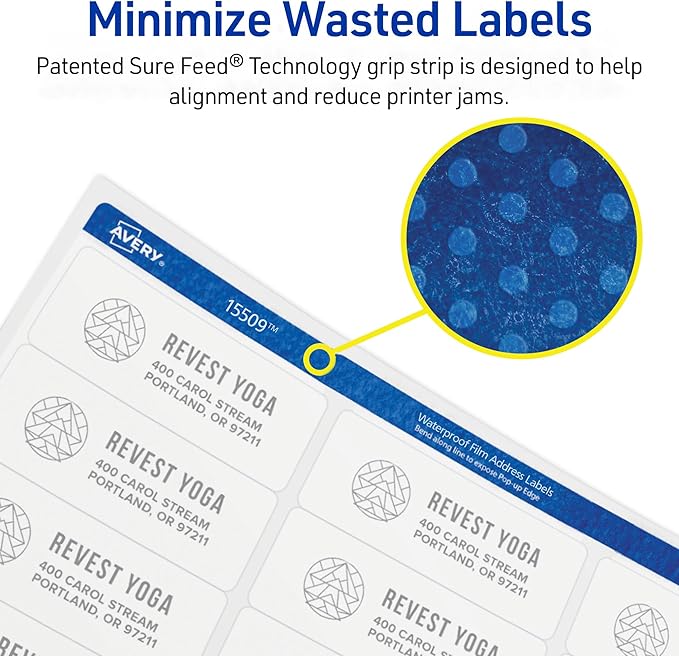 Avery Waterproof Printable Address Labels with Sure Feed, 1" x 2-5/8", White, Ultrahold Permanent Adhesive, Laser Printers, 300 Blank Mailing Labels, Great for Mailing, Branding, and More (15509)