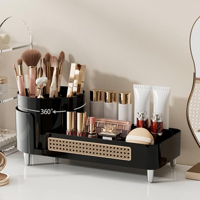 Rotating Makeup Organizer Countertop,Large Capacity Makeup Organizers for Vanity,2 in 1 makeup storage organizer for Bathrooms,Cosmetic Display Case (Black)