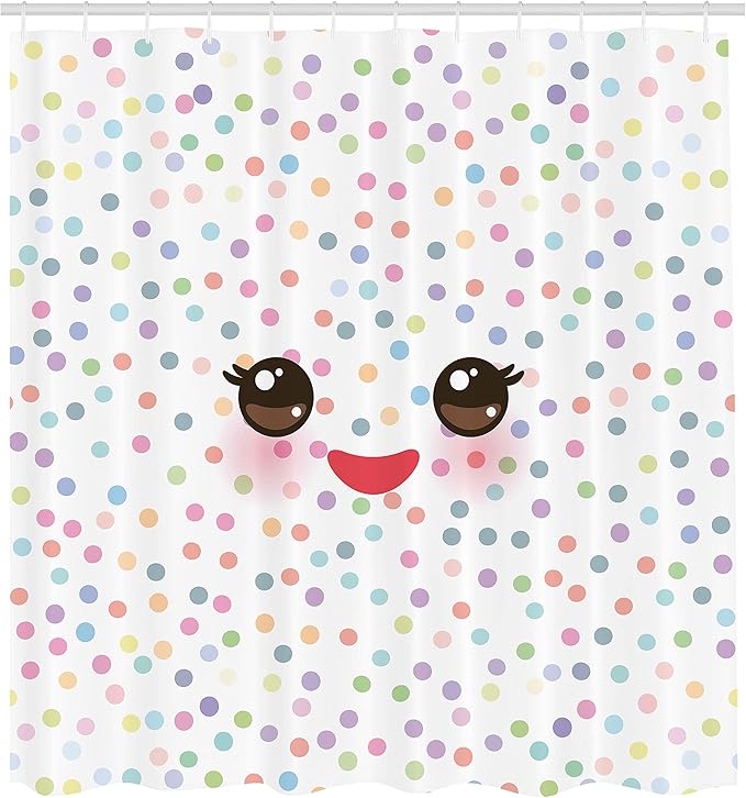 Ambesonne Eyelash Shower Curtain, Kawaii Funny Muzzle Pastel Tone Cheeks and Eyes on Colorful Polka Dots Backdrop, Cloth Fabric Bathroom Decor Set with Hooks, 69" W x 70" L, Brown Multicolor