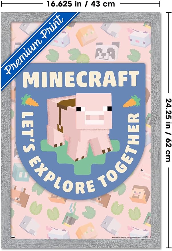 Trends International Minecraft - Let's Explore Together Wall Poster, 22.4L x 14.7W, Gray Framed Version