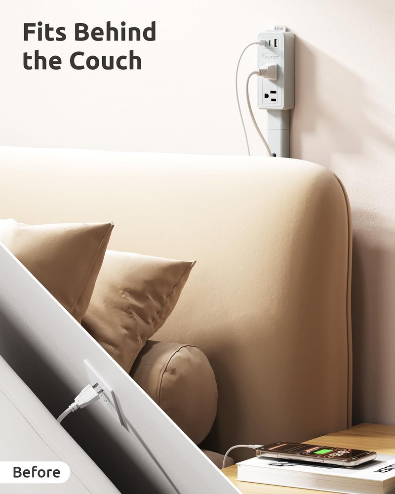 NUTICT Electrical Outlet Extender Stick, 2 AC Outlets & 2 USB-C & 1 USB-A Port, Flexible Extends 6"-34", Hide Behind Couches, Nightstands, Beds, Desks, Grey