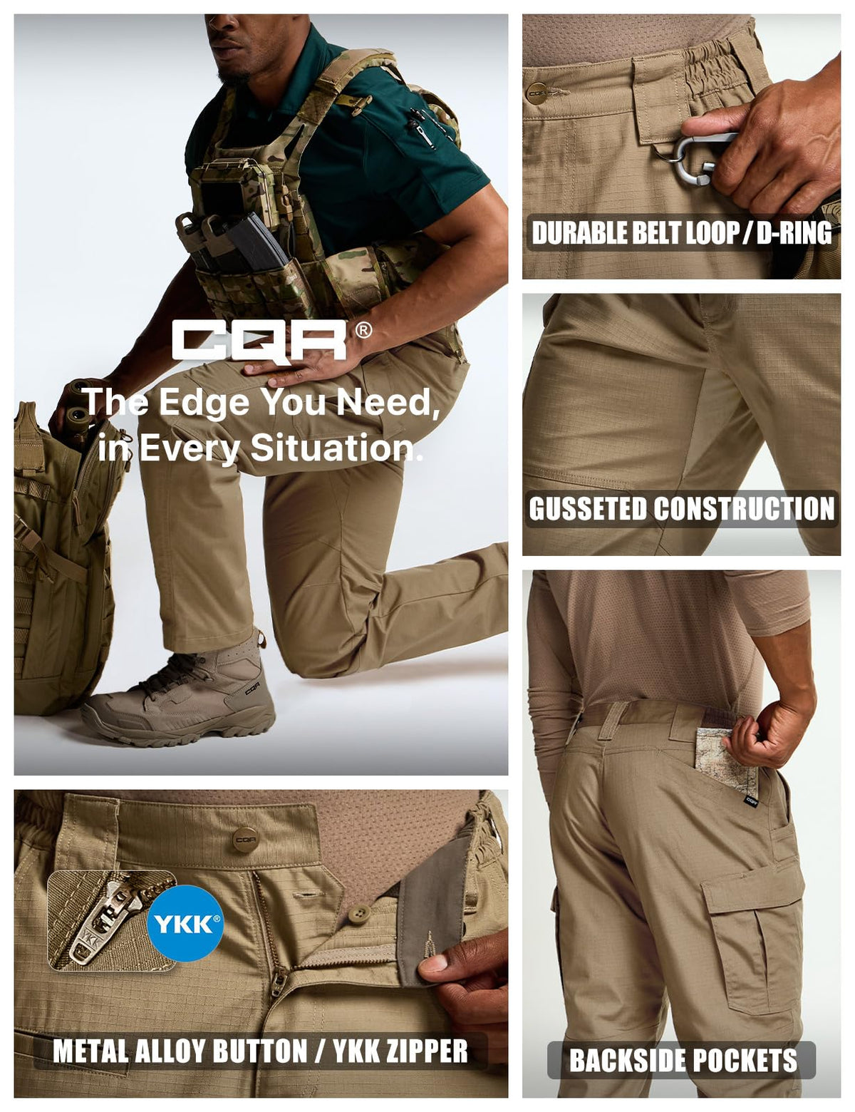 CQR Men's Tactical Pants, Water Resistant Ripstop Cargo Pants, Lightweight EDC Work Hiking Pants, Outdoor Apparel, Raider Mag Pocket Cougar, 36W x 30L